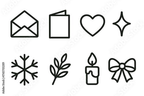 Brutalist Holiday Icons. Christmas Wishes — minimalist monoline silhouette set: open envelope, folded card, small heart, sparkle line, snowflake, branch sprig, candle flame,