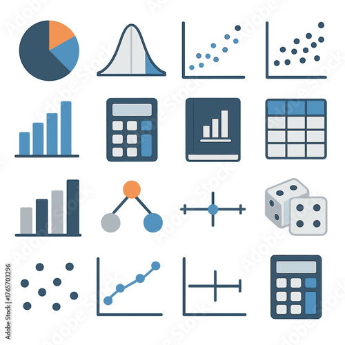 Statistical Data Icons. Pie chart, bell curve, regression curve, scatter plot, histogram, calculator, statistics book, sample data, bar chart