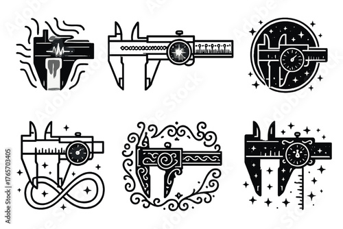 Cosmic Measuring Tools. Creative caliper outline set: abstract measuring lines, glowing caliper, fractal ruler, neon dial, cosmic tool, infinity loop with caliper, starry