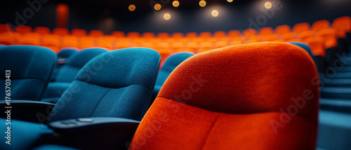 Modern cinema with empty seats and bright stage lighting.
Ideal for articles on entertainment, culture, interior design and film industry advertising.