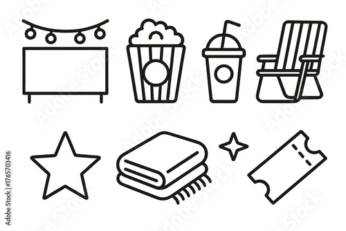 Outdoor Movie Essentials. Outdoor Movie Night Set outline set: screen, string lights, popcorn, drink, chair, blanket, star, ticket.,