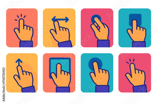 Touch Interaction Icons. Touch Interactions flat icons: tap gesture, swipe motion, pinch zoom, drag and drop, scroll finger, touch screen icon, long press, double tap.