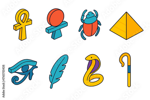 Modern Egyptian Icon Set. Egyptian Deities flat icons: ankh, sun disk, scarab, pyramid, eye, feather, cobra, staff.