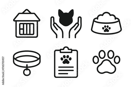 Animal Shelter Icons. Animal Shelter outline set: kennel, hands, food bowl, collar, clipboard, paw.