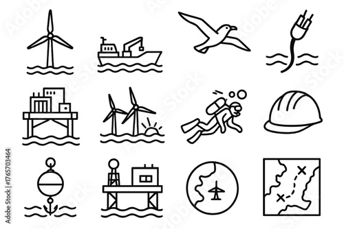 Offshore Wind Energy Icons. Offshore Wind Farm outline set: wind turbine, maintenance ship, seabird, power cable, control station, ocean waves, anchor buoy, transformer platform,