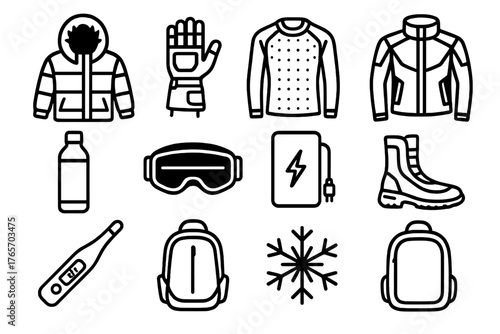 Futuristic Winter Gear Icons. Insulated Gear Modern Tech Style outline set: metallic parka, smart gloves, heat-activated fabric, reflective jacket, insulated bottle, chrome boot,