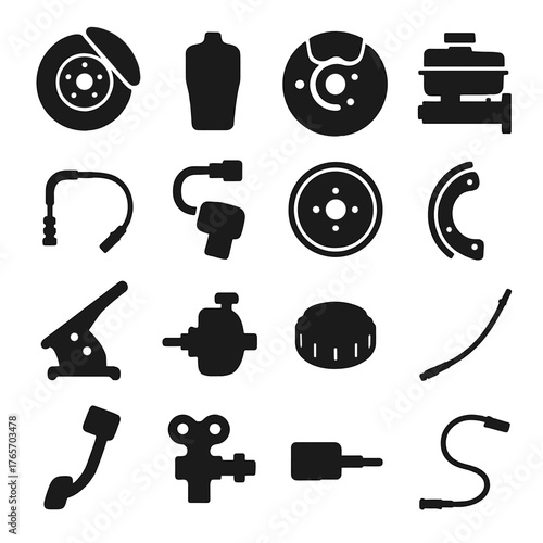 Silhouette Brake Parts Icons. Braking System Parts icons in silhouette. Brake disc, brake pad, brake caliper, master cylinder, brake line, ABS sensor