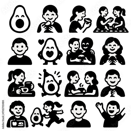 Avocado Social Icons. Avocado emotions and social moments icons in silhouette. Happy face with avocado, eating avocado, sharing food, picnic with