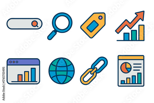 Modern SEO Vector Icons. SEO Performance flat icons: search bar, magnifying glass, keyword tag, ranking arrow, web traffic chart, analytics report, site globe, link chain.