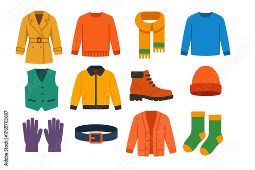Fashion Layered Icons. Layered Looks flat icons: trench coat, sweater, wool scarf, long-sleeve shirt, vest, jacket, boots, beanie, gloves, belt, cardigan, socks.