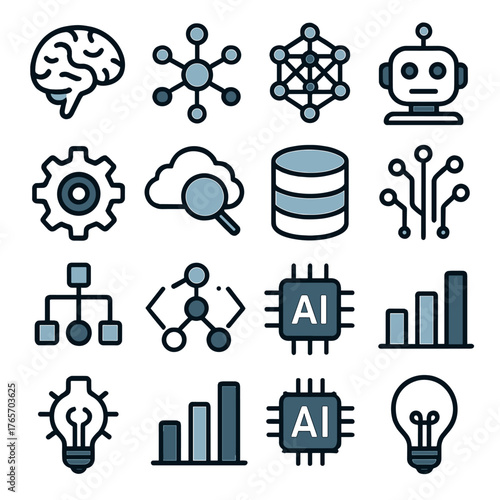 AI Technology Icons. Brain, data nodes, algorithm, neural network, robot, gear, cloud computing, magnifying glass, database, circuit board, decision