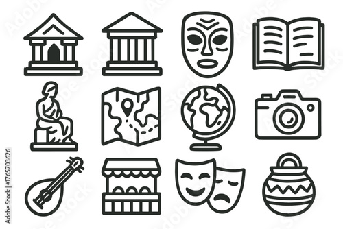 Cultural Travel Icons. Cultural Travel Experiences linear set: temple, museum, mask, book, statue, map, globe, camera, musical instrument, market stall, theater mask, handcraft.
