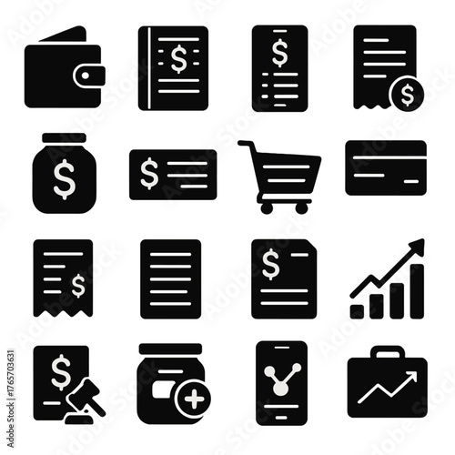 Financial Management Icons. Salary expenses and budgeting icons in silhouette. Wallet, budget planner, expense tracker, bill payment, savings jar