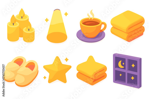 Cozy Seasonal Icons. Seasonal Warmth Gentle Glow flat icons: candle trio, soft light beam, amber hue, tea cup, folded blanket, fuzzy slippers, glowing star, night window.