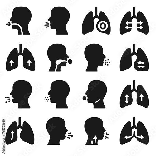 Lung Function Icons. Lung functions and breathing icons in silhouette. Inhalation, exhalation, oxygen exchange, carbon dioxide removal, lung