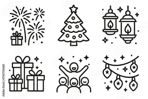 Festive Celebration Icons. Festive Spirit outline set: fireworks, decorated tree, wrapped gifts, glowing lanterns, joyful crowd, sparkling lights.,