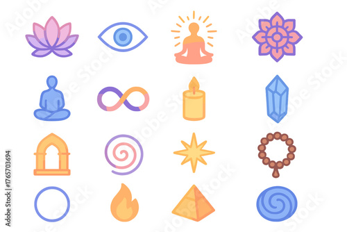 Spiritual Icon Set. Spiritual Openness flat icons: lotus flower, third eye, radiant aura, mandala, meditation figure, infinity loop, candle flame, crystal, temple arch, spiral,