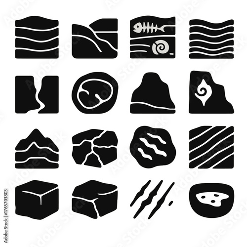 Fossil Icons Collection. Geological Context of Fossils icons in silhouette. Rock strata layers, erosion line, fossil bed section, sediment wave