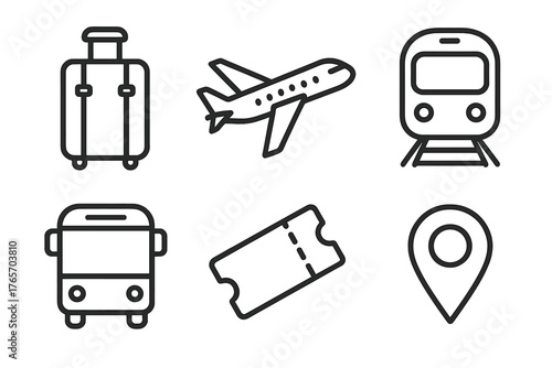 Travel Icons Collection. Travel locator outline set: suitcase, airplane, train, bus, ticket, map pin.