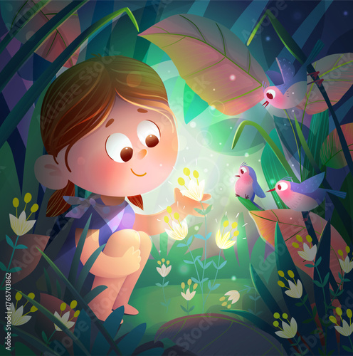 Dreamy girl in dark magic forest discover glowing sparkling flowers among leaves and greenery. Magical fantasy wonder scene for kids fairy tale story book. Vector cartoon illustration for children.