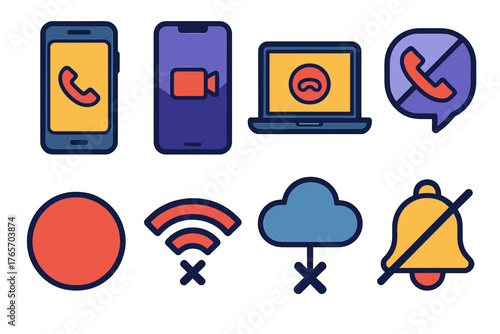 Disconnected Digital Devices. Digital hang up flat icons: smartphone with end call, video call screen closing, laptop with call end, chat bubble with phone slash, app icon red