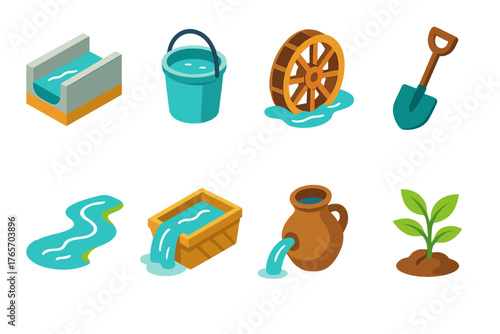 Vibrant Irrigation Icons. Traditional Irrigation flat icons: canal, bucket, wheel, shovel, stream, trough, clay pot, plant.