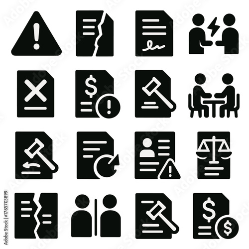 Contract Dispute Icons. Agreement breach and termination icons in silhouette. Warning sign, broken contract, crossed out signature, dispute icon