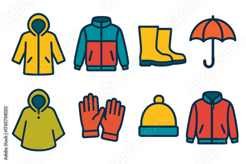 Weather Gear Icons. Weather-Resistant Wear flat icons: raincoat, windbreaker, waterproof boots, umbrella, poncho, gloves, hat, jacket.