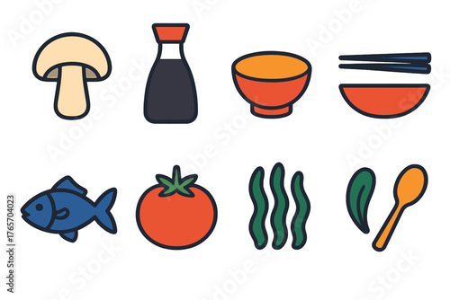Umami Icons Collection. Umami flat icons: mushroom, soy sauce bottle, bowl, chopsticks, fish, tomato, seaweed, spoon.