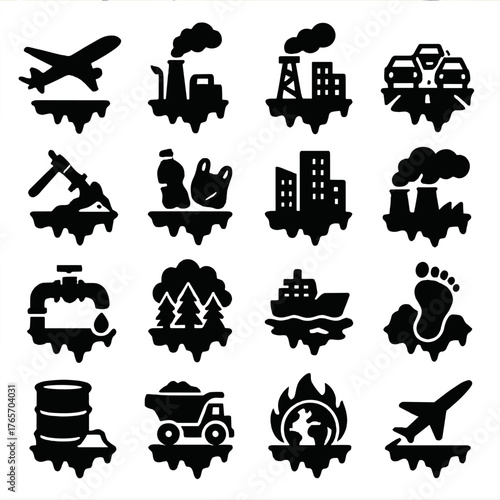 Climate Impact Icons. Climate indicators of melting icons in silhouette. Rising thermometer, global temperature icon, CO2 cloud, greenhouse effect