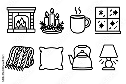 Cozy Winter Icons. Winter Celebration Light — Warm home outline set: fireplace glow, candle centerpiece, steaming mug, knitted blanket, soft pillow, tea kettle, lamp light, frosted