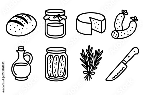 Artisanal Food Icons. Handcrafted Goods outline set: sourdough loaf, jar of honey, cheese wheel, cured sausage, olive oil bottle, pickled vegetables, herb bundle, rustic bread