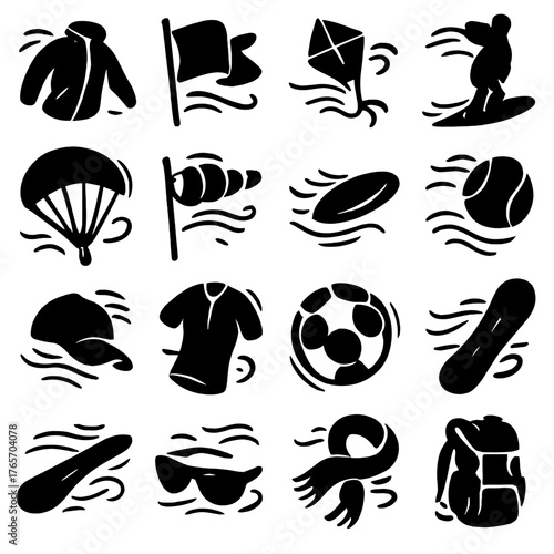Blowing Sports Icons. Blowing sports and outdoor gear icons in silhouette. Blowing windbreaker jacket, blowing flag, blowing kite, blowing windsurf
