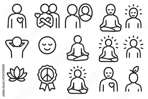 Personal Acceptance Icons. Personal Acceptance Icons outline set: person with heart, self-love symbol, mirror reflection, peaceful person, relaxed posture, smiling silhouette, calm