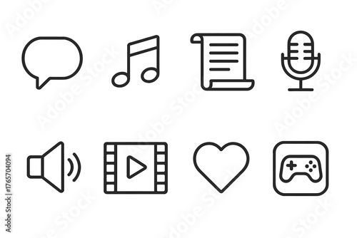 Iconic Sound Elements. Sound & Story outline set: dialogue bubble, music note, narrative scroll, microphone, volume icon, cinematic frame, heart icon, game logo.