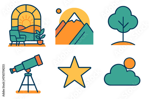 Minimalist Sunrise View. Scenic sunroom flat icons: sunrise, mountain, tree, telescope, star, cloud.