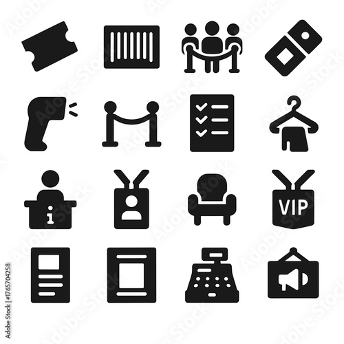 Event Admission Icons. Show tickets and admission icons in silhouette. Ticket stub, barcode, queue line, wristband, ticket scanner, entrance gate