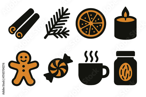 Festive Icon Set. Christmas Scents silhouette set: cinnamon sticks, pine branch, orange slice with cloves, vanilla candle, gingerbread cookie, peppermint candy, hot cocoa steam,