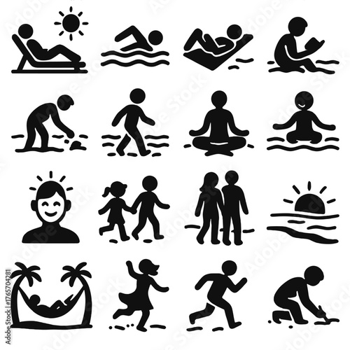 Beach Activity Icons. Beach moods and activities icons in silhouette. Sunbathing, swimming, relaxing on towel, reading on beach, collecting shells