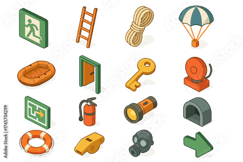Emergency Escape Icons. Emergency Escape flat icons: fire exit sign, ladder, rope, parachute, lifeboat, emergency door, key, alarm bell, escape route map, extinguisher, flashlight,