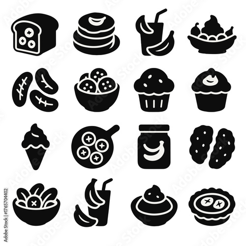 Banana Recipe Icons. Banana cooking and recipes icons in silhouette. Banana bread, banana pancakes, banana smoothie, banana split, fried banana