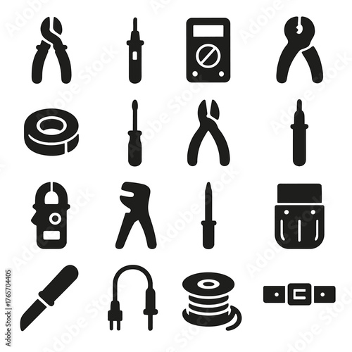 Electrical Tools Icons. Basic Electrical Tools icons in silhouette. Wire cutter, voltage tester, multimeter, wire stripper, insulation tape