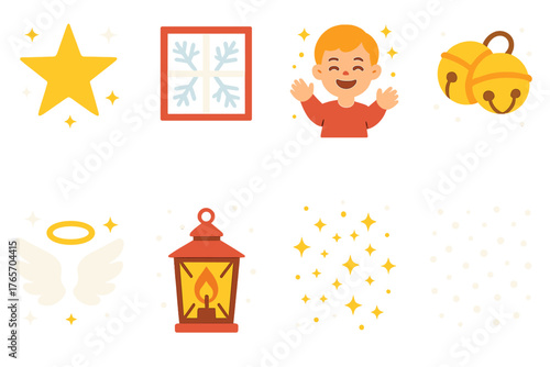 Magical Christmas Icons. Christmas Wonder flat icons: night sky with stars, frosted window, joyful child, magical sparkles, sleigh bells, angel wings, Christmas lantern, falling