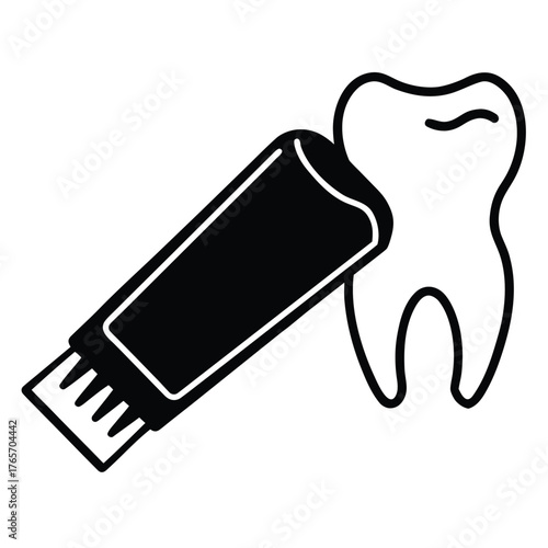 Black silhouette of a tooth next to a tube of toothpaste on a white background dental symbol