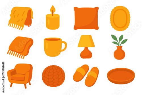Cozy Home Essentials. Stylish Warmth Home — Warm Flat Icons flat icons: faux fur throw, glowing candle, velvet cushion, wool rug, soft blanket, ceramic mug, lamp light, plant vase,