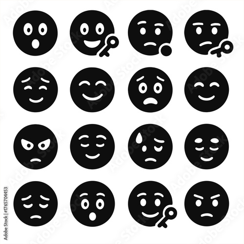 Emotional Silhouette Icons. Key emotions and reactions icons in silhouette. Surprised face, happy face with key, relieved face, thinking face with
