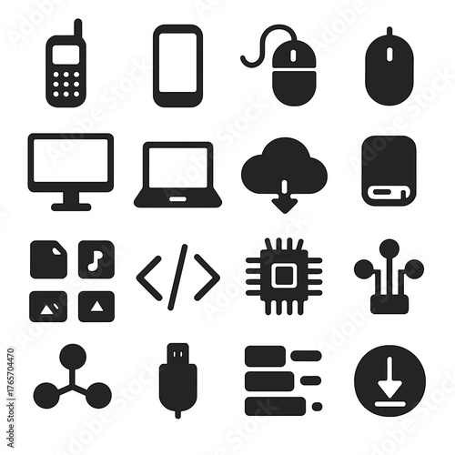 Silhouette Tech Icons. Technology comparison icons in silhouette. Old phone, new phone, wired mouse, wireless mouse, desktop PC, laptop, cloud