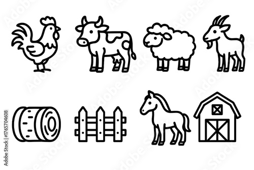 Barnyard Animal Icons. Barnyard Animals Set outline set: rooster, cow, sheep, goat, horse, hay bale, fence, barn.,