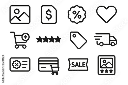 E-commerce Icon Set. E-commerce App Cards outline set: product thumbnail, price tag, discount badge, wishlist heart, add-to-cart button, rating stars, category label, delivery info