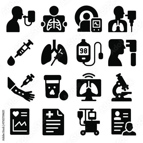 Lung Diagnostics Icons. Lung diagnostics and testing icons in silhouette. Spirometry test, chest X-ray, CT scan, pulmonary function test, blood gas